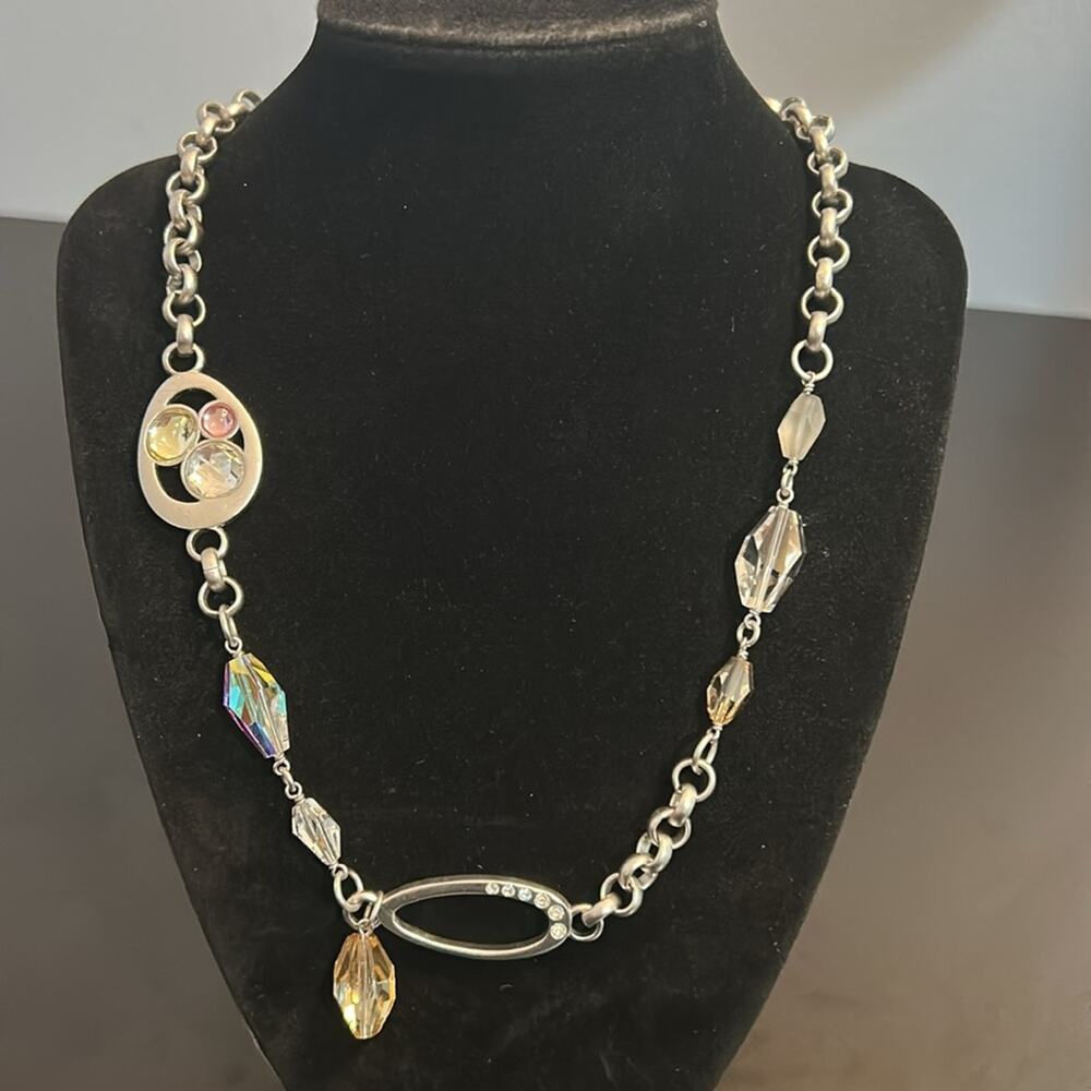 Vintage Swarovski Swan Stamp Matte Silver Tone Crystal 18" Modern Necklace #201